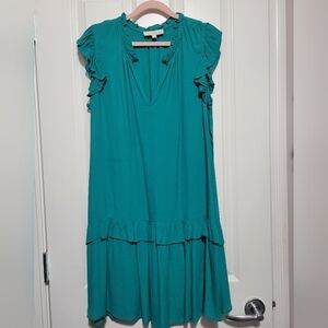 Pinch Green and Blue Flutter Sleeve V-Neck Mini Dress